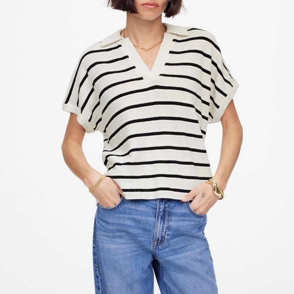 Madewell Relaxed V-Neck Polo Shirt in Stripe Size XXS - Picture 1 of 10